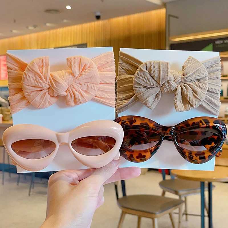Sunglasses 2 Pcs/Set Boys Girls Lovely Colorful Soft Bowknot Wide Hairbands Fashion Lip Shaped UV400 Sunglasses Set Lovely Hair Accessories