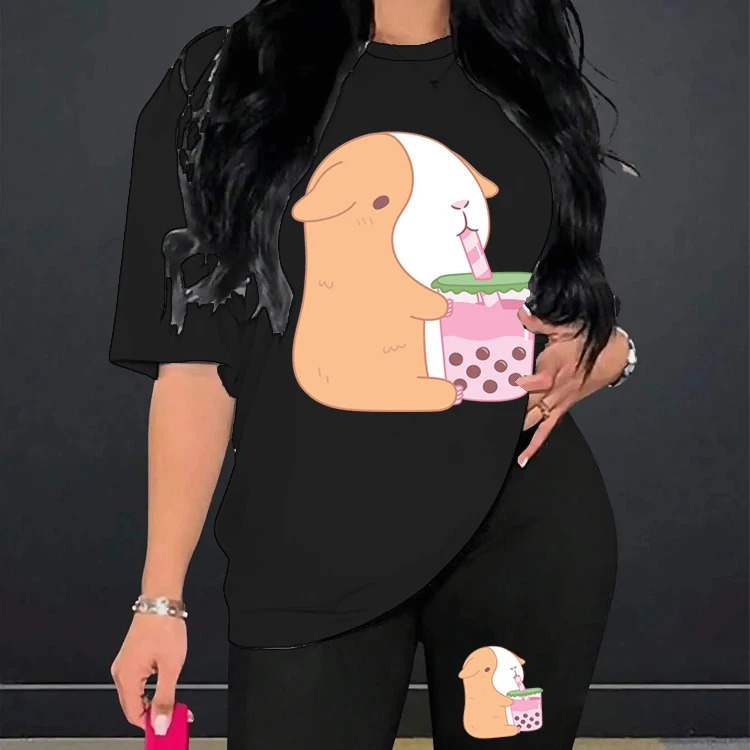 Cartoon Guinea Pig Bobo Tea Tshirt 2Pieces Short Sleeve T Shirt and Yoga Legging Shorts Suit Plus Size Tracksuit Women 240712