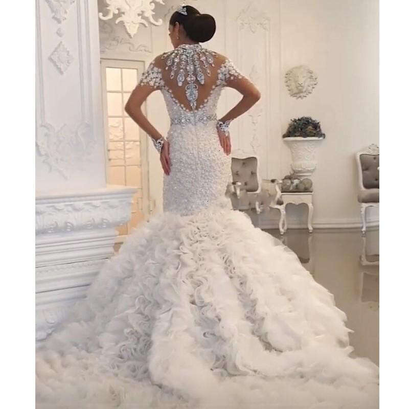 Wedding Dresses Mermaid High Neck Long Sleeve Cascading Ruffles Crystal Beads Illusion Chapel Bridal Gowns