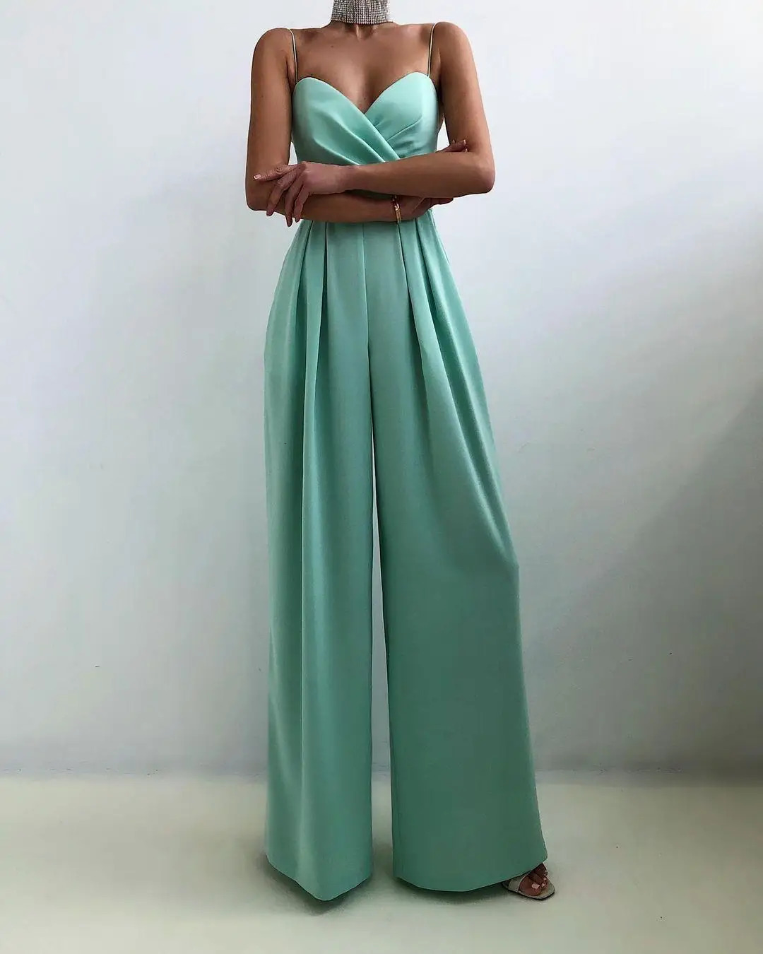 Chic Spaghetti Straps Wide Leg Pants Jumpsuits Elegant Fashion Women Ladies V-Neck High Waist Long Rompers Sleeveless Suit 240715