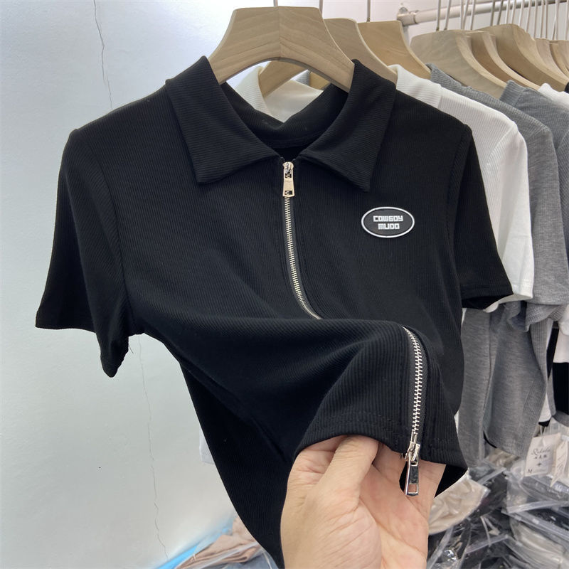 Short double zippered t-shirt for women's summer short Korean version minimalist half sleeved Polo collar top