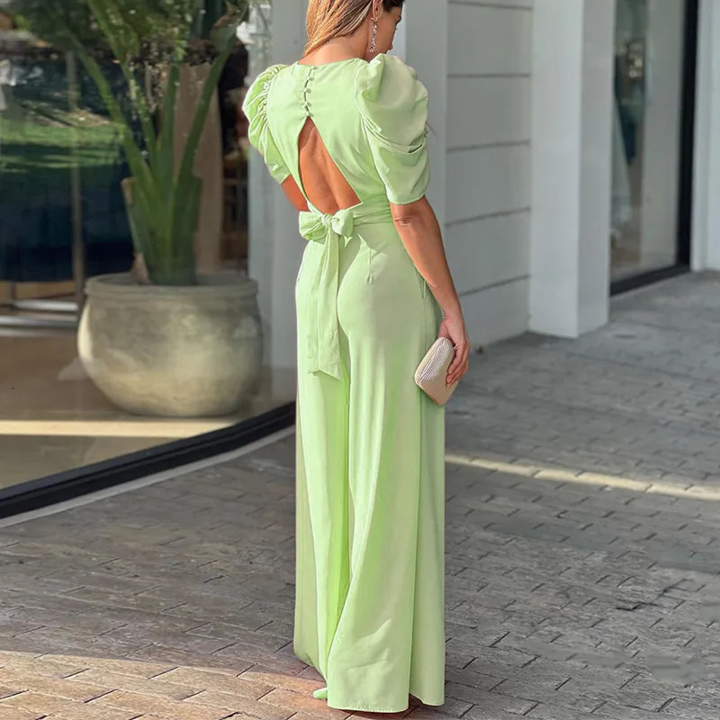 Casual Elegant Womens Summer Trendy Deep V-Neck Puff Sleeve Hollow Backless High Waist Jumpsuit Sexy Slim Pearl Button Belt 240715