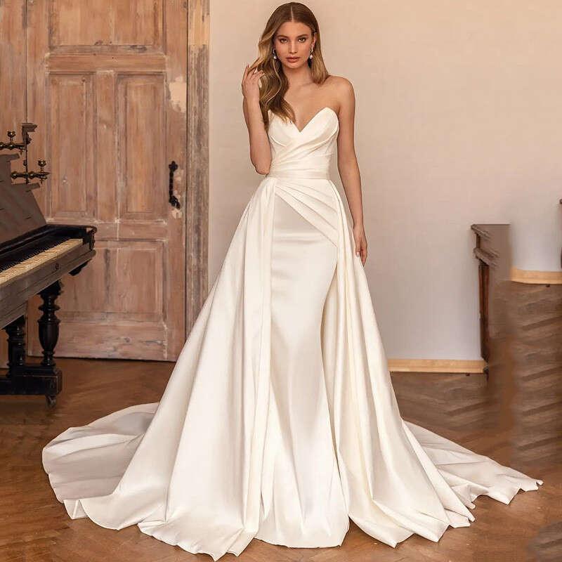 Elegant Ivory Detachable Train Dresses Mermaid Satin Church Bride Dress 2024 Women Wedding Gowns Vestido De Noiva Sereia 0220