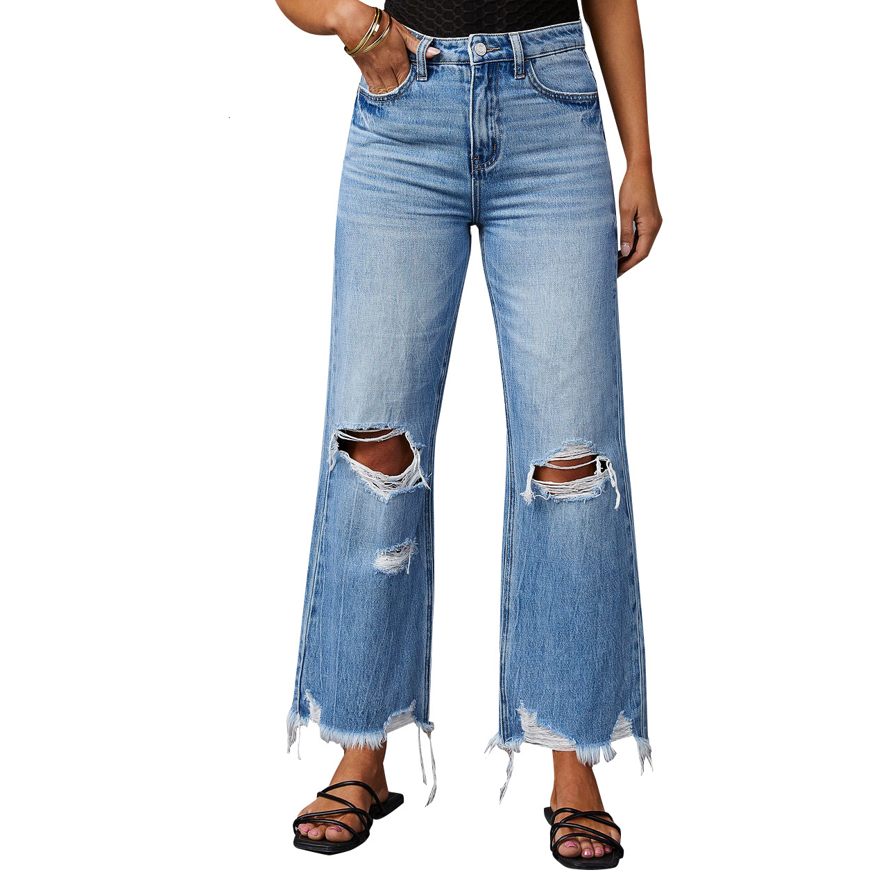 2024 New Wide-leg Pants Women's Tassels Washed Ripped Holes Long Jeans Straight-leg Casual Trousers for Women