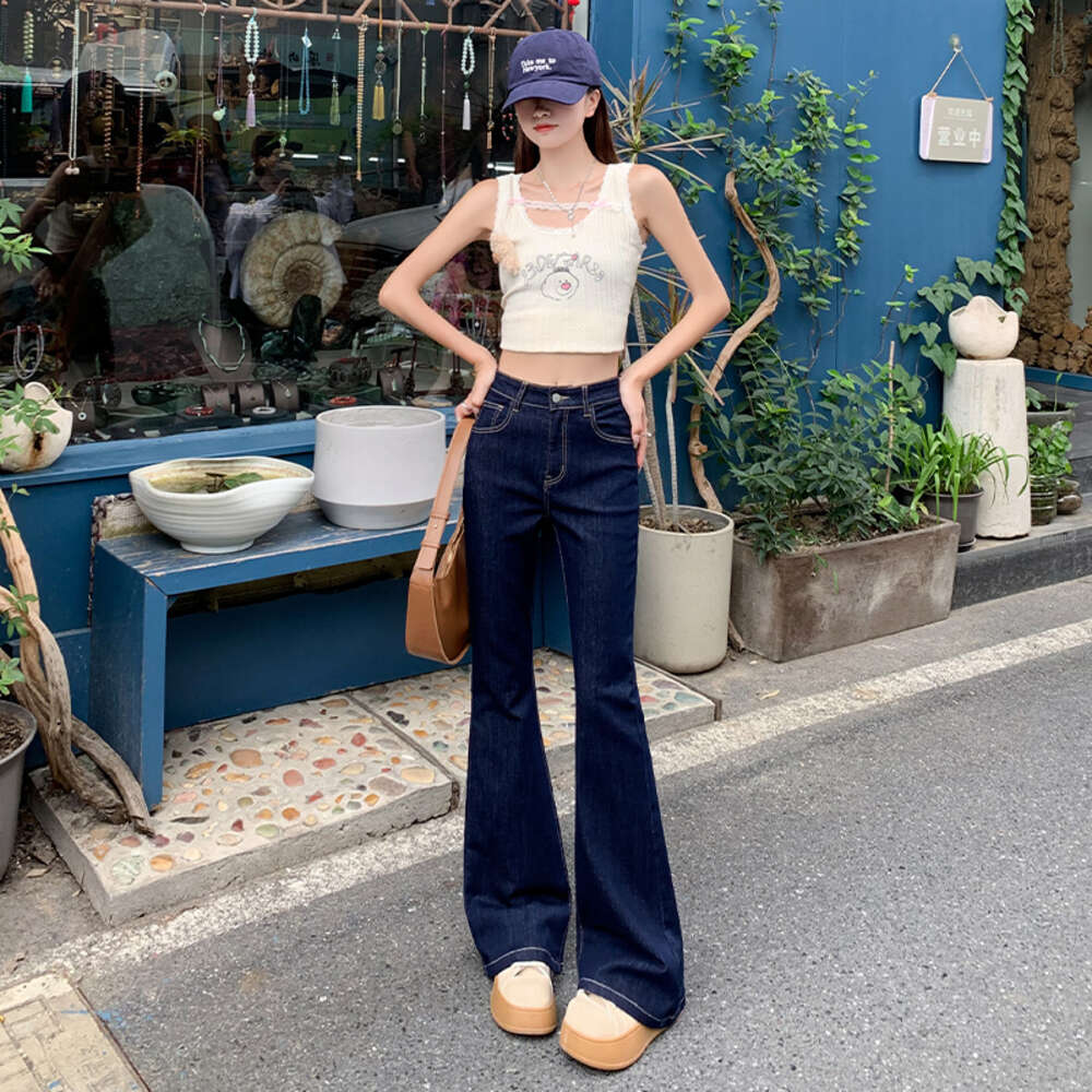 Deep blue light line micro flared jeans for women in spring autumn, slim fit and slimming, long legs, horseshoe pants