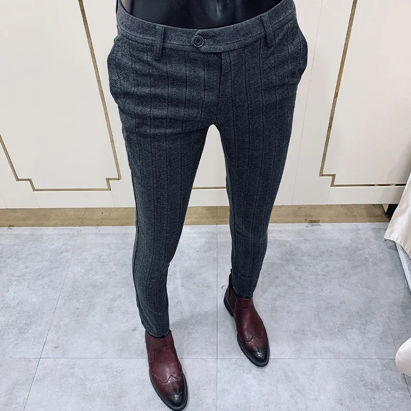 Men Striped Woolen Suit Pants Autumn Winter Casual Trousers Thicken Keep Warm Pantalones Hombre Slim Fit Dress Pants Men 240708