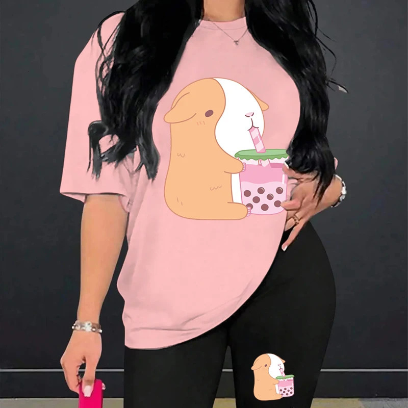 Cartoon Guinea Pig Bobo Tea Tshirt 2Pieces Short Sleeve T Shirt and Yoga Legging Shorts Suit Plus Size Tracksuit Women 240712