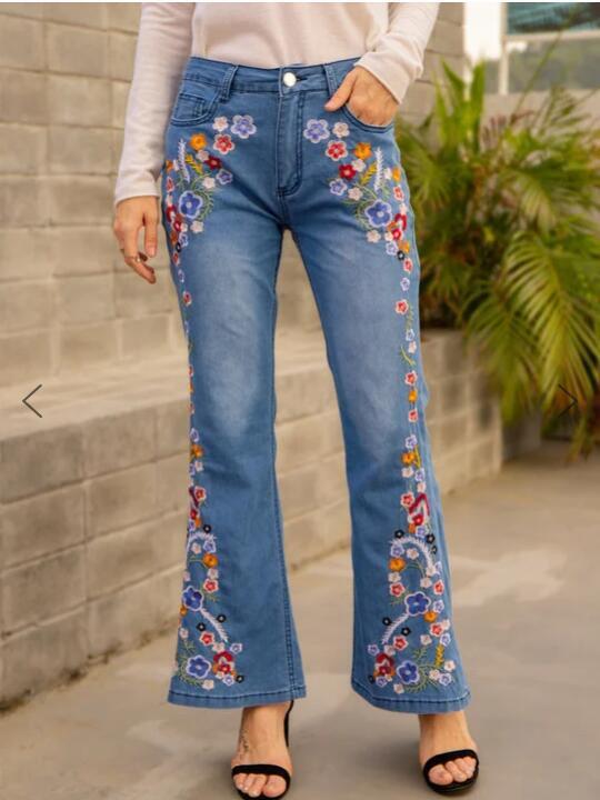 2024 Summer Casual Women's Denim Elegant Slim Applique Pattern Fashion Jeans Plus Size-women denim Flared Pants