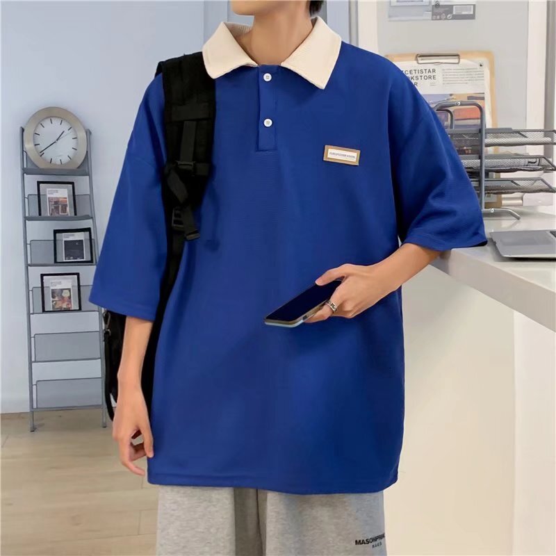 American polo sweater hoodie trendy high street loose and versatile short sleeved t-shirt for men, summer top lapel