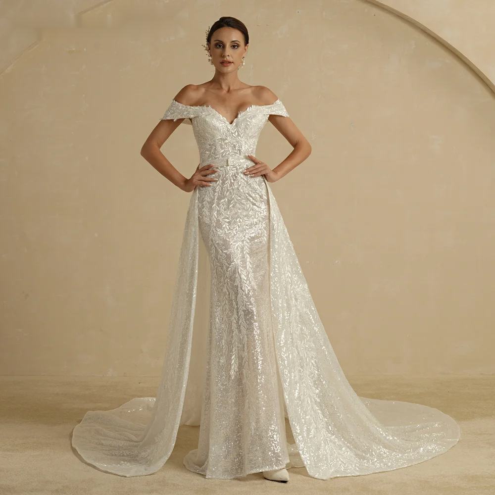 BEPEITHY Ivory Sequins Mermaid Wedding Dresses For Women 2 In 1 Detachable Train Lace Bridal Gown Beach Vestido Novia