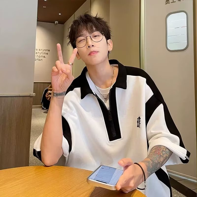 Academy style Polo shirt for men's summer trend, contrasting color top, loose large casual half zippered short sleeved T-shirt