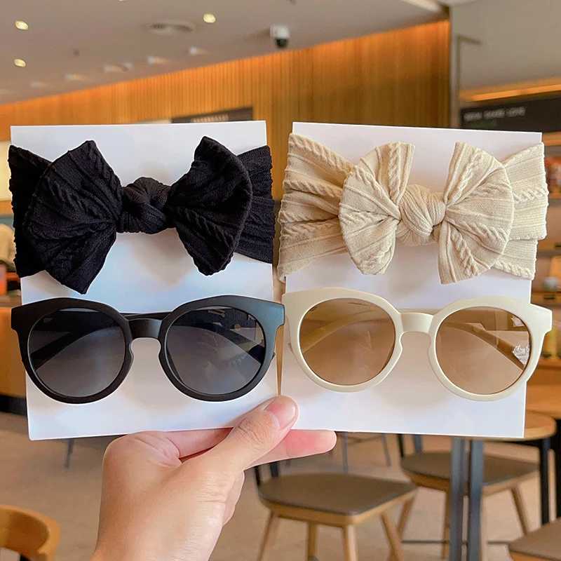 Sunglasses 2 Pcs/Set New Children Cute Colorful Bowknot Wide Hairbands Solid UV400 Sunglasses Baby Girls Headwear Kids Hair Accessories