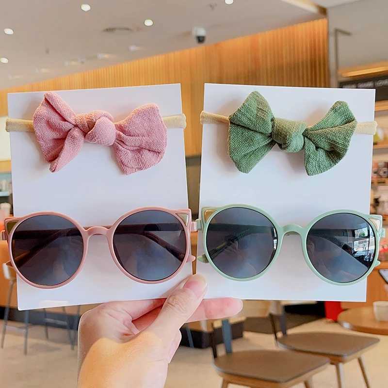 Sunglasses 2 Pcs/Set New Girls Boys Cute Solid Bowknot Headbands Vintage Ears Cat Sunglasses Outdoor Set Hair Bands Kids Hair Accessories