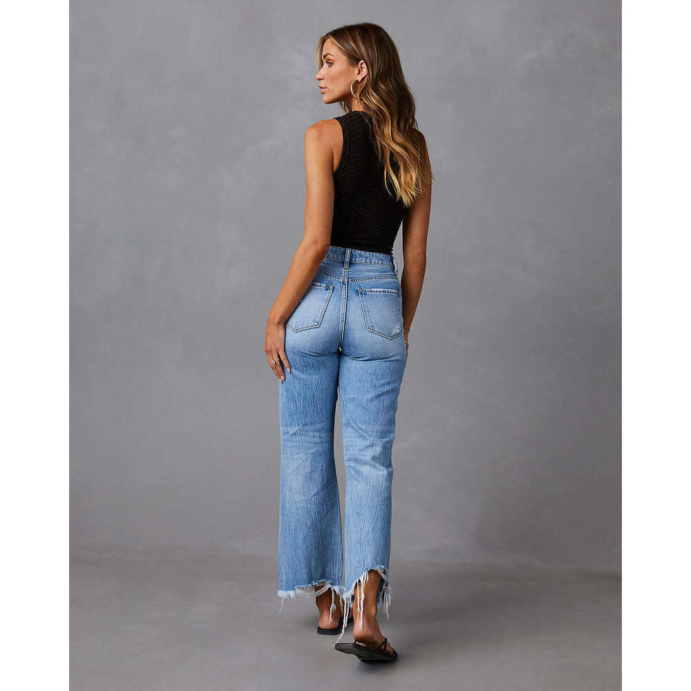 2024 New Wide-leg Pants Women's Tassels Washed Ripped Holes Long Jeans Straight-leg Casual Trousers for Women