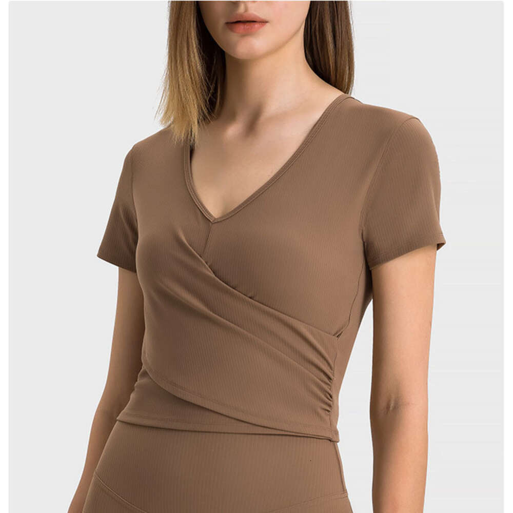 2025--Ribbed Women Fitness Sports Top Yoga Outfits Short Sleeve Gym Clothing Quick Dry Run Train Slim Shirts Casual V-Neck Workout T-Shirts