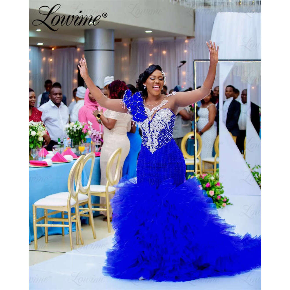 Elegant Royal Blue African Prom Crystals Mermaid special Party Dress Plus Size Evening Dresses Woman Customize