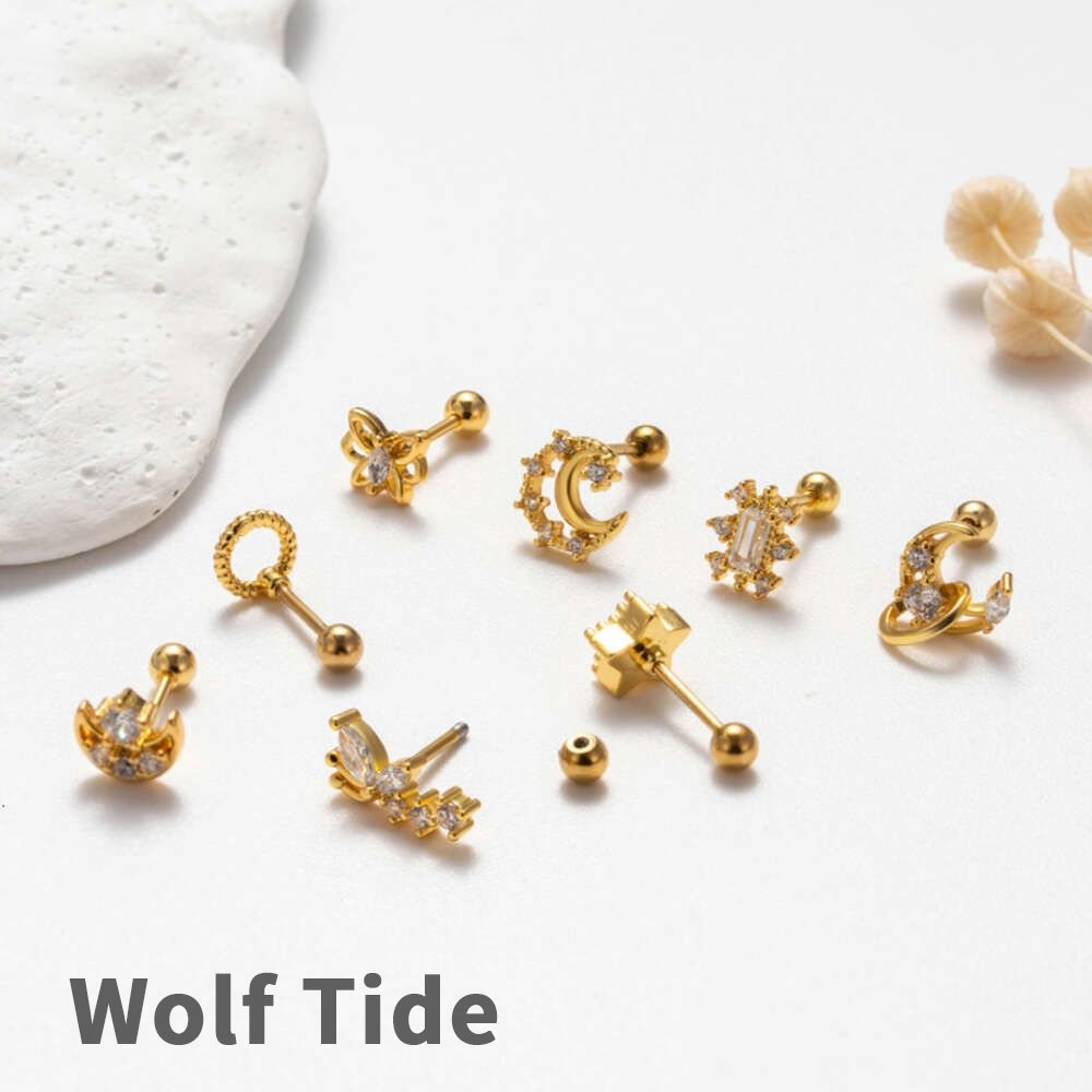 Flower Moon Star Charms Barbell Ball Earring Studs Surgical Stainless Steel Earrings Bling Cubic Zirconia Pentagram Butterfly Piercing Body Wolf Tide 