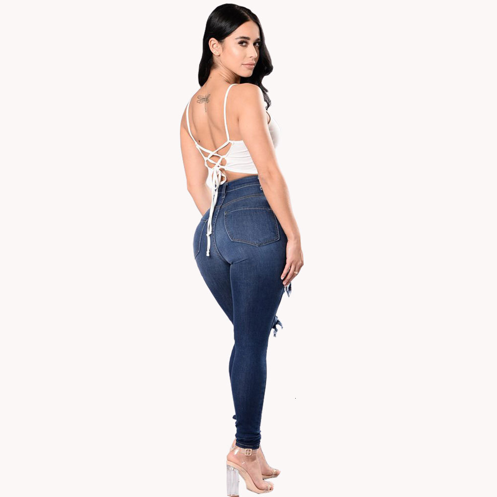 Women Fashion Hip Hop Broken Holes Denim High Waist Ripped skinny Jeans Pencil Pants
