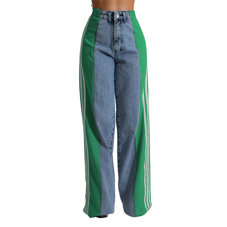 Hot sale Women's Summer Fashion Side Patchwork Striped Wide Jeans New Casual High Waist Elastic Straight Leg Pants