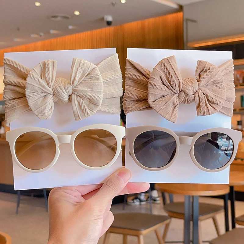 Sunglasses 2 Pcs/Set New Children Cute Colorful Bowknot Wide Hairbands Solid UV400 Sunglasses Baby Girls Headwear Kids Hair Accessories