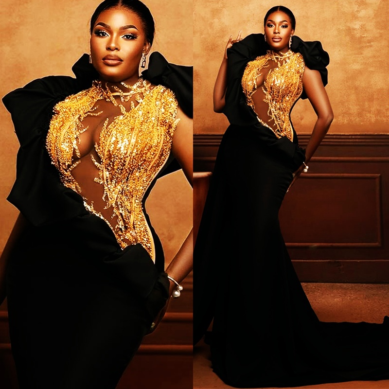 2024 Aso Ebi Gold Prom Dresses For Special Occasions Mermaid Promdress Evening Formal Dresses Beaded Lace Illusion High Neck Vestido Second Reception 