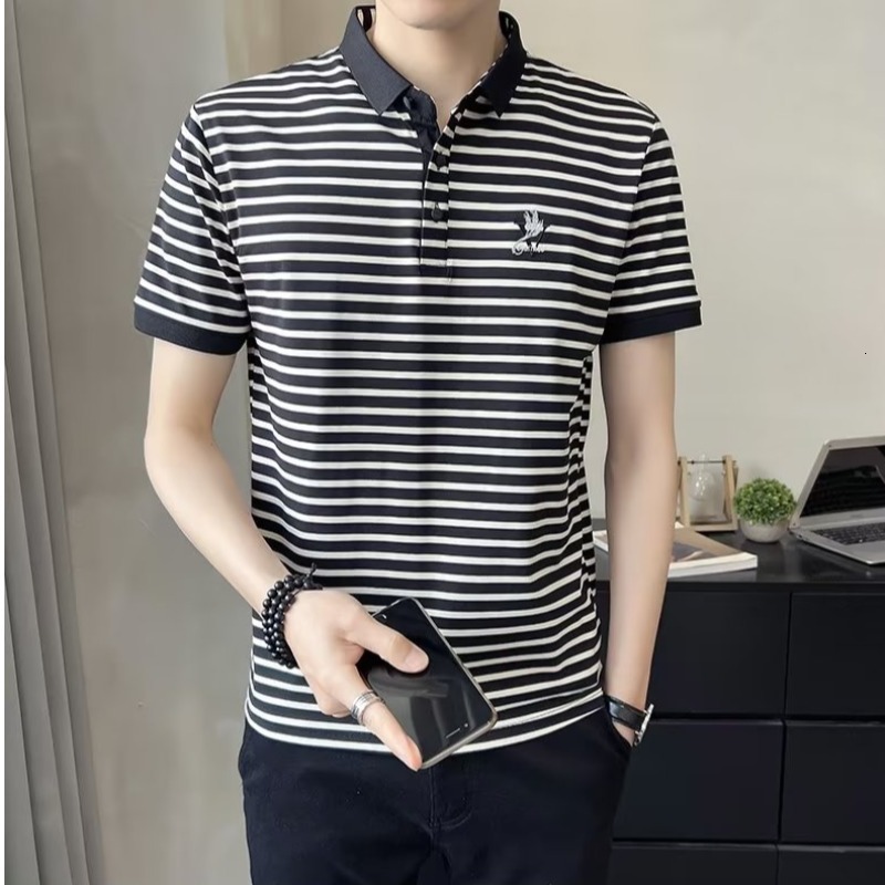 2023 New Pearl Cotton Striped Polo Shirt Short Sleeve Slim Fit Trendy Men's Fashion Summer T-shirt
