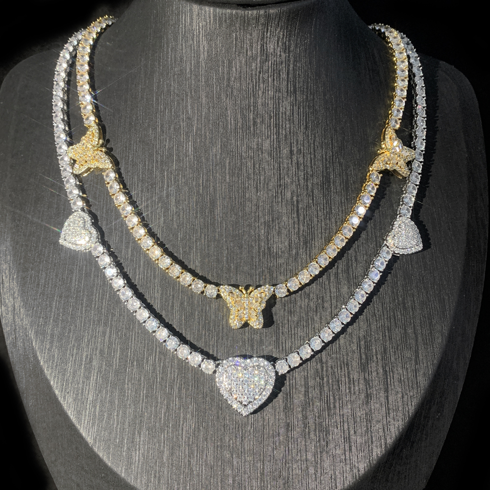 Iced Out Bling Cz Butterfly Heart Tennis Necklace Micro Paved Cubic Zirconia Link Chain Best Gift for Women Hip Hop Jewelry