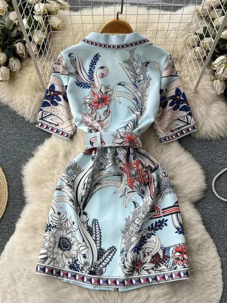 Summer Fashion Retro Zipper Mini Dress Womens Short Sleeve Lapel Collar Vintage Flower Print A Line Belt Beach Vestidos 240715
