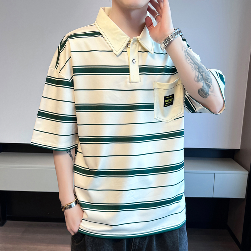 Striped POLO shirt 2024 summer Korean loose fitting clothing, trendy student short sleeved T-shirt for men's clothing