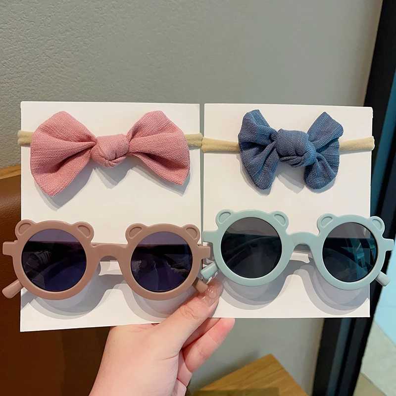 Sunglasses 2 Pcs/Set Cute Solid Color Soft Bowknot Headbands Bear Ears Sunglasses Children Hair Bands Headwear Set Lovely Hair Accessories