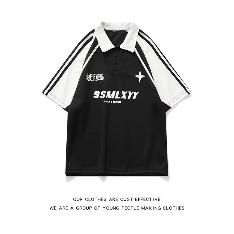 High street lapel polo shirt short sleeved T-shirt men's summer 2024 new style shoulder inserted trendy brand five quarter sleeve top