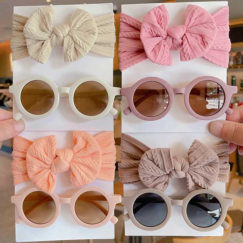 Sunglasses 2 Pcs/Set New Children Solid Color Cotton Bowknot Wide Hairband Round Sunglasses Set Baby Girls Sunglasses Kids Hair Accessories