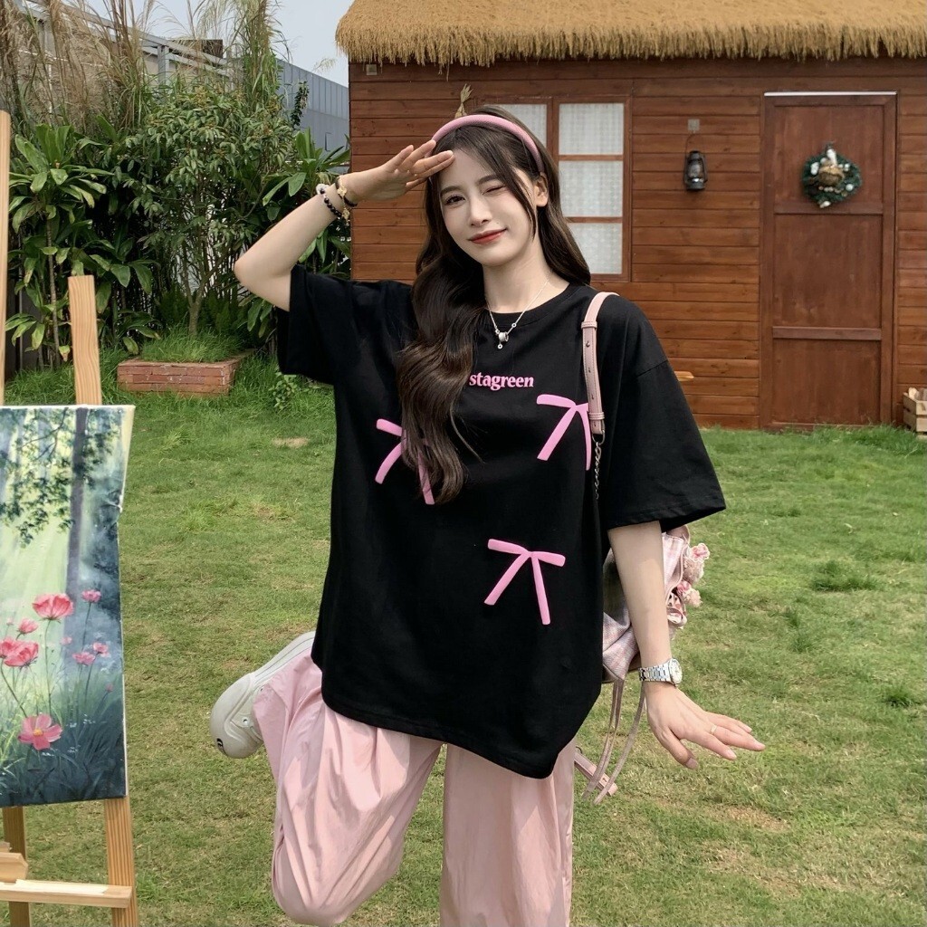 Designer sexy women's T-shirt pink bow short sleeved casual slim fit T-shirt women's full top