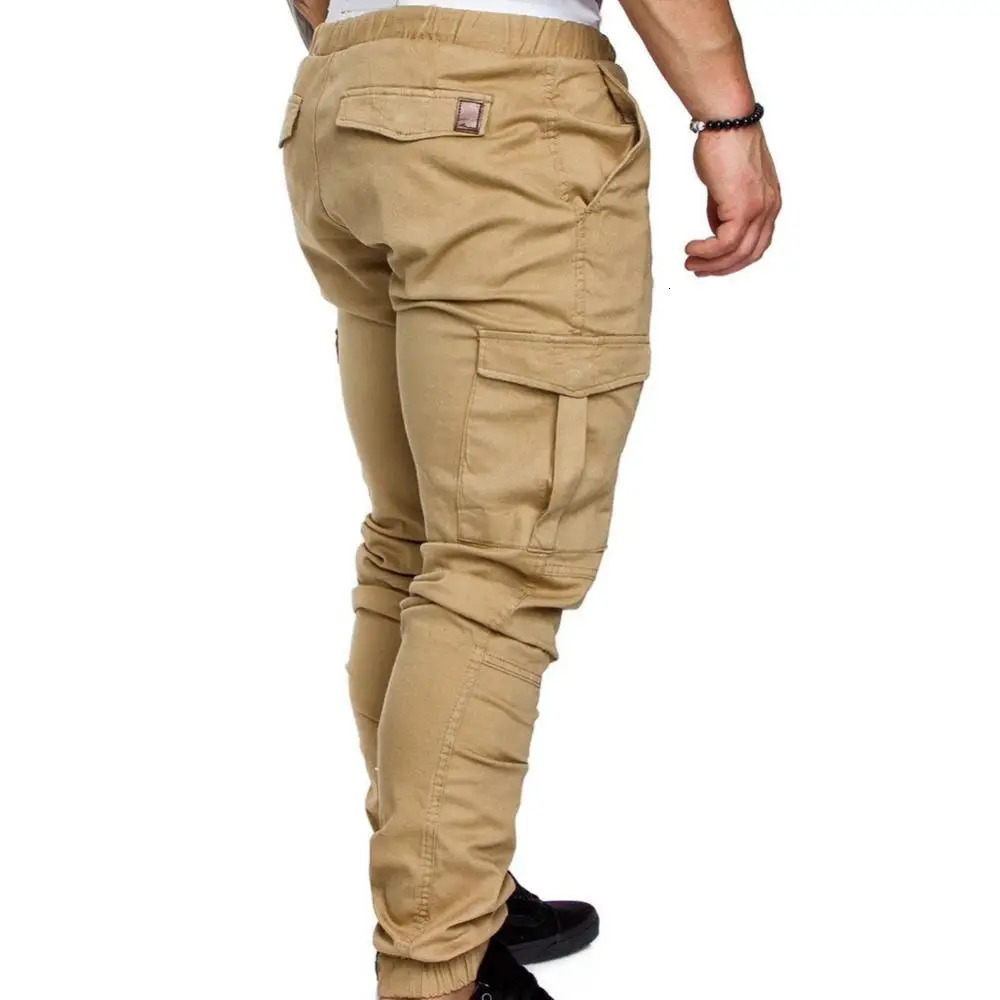 Men Casual Solid Color Pockets Waist Drawstring Ankle Tied Skinny Cargo Pants Work Trousers Outdoor Hiking Joggers Pant 240620