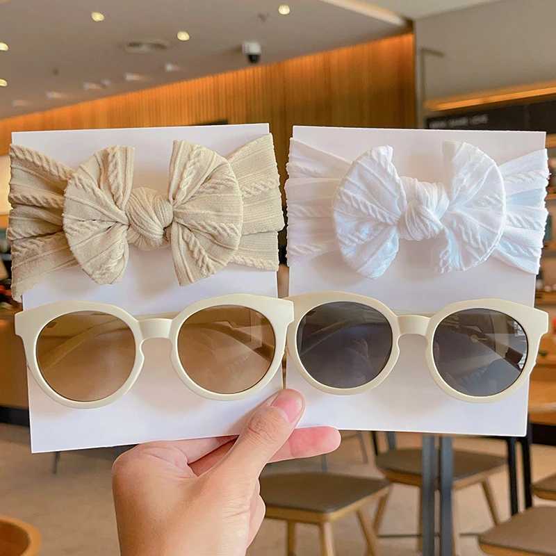 Sunglasses 2 Pcs/Set New Children Cute Colorful Bowknot Wide Hairbands Solid UV400 Sunglasses Baby Girls Headwear Kids Hair Accessories