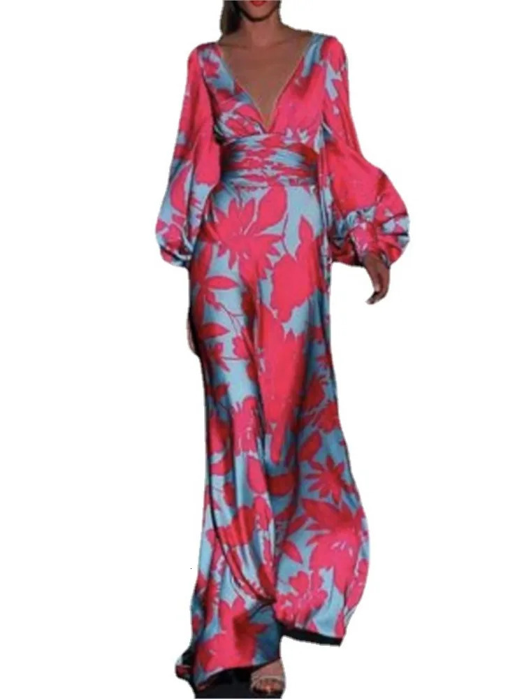 Printed Dress For Women Vneck Sexy High Waist Lantern Sleeve Ladies Fashionable Vestidos Autumn Long Evening Dresses 240715