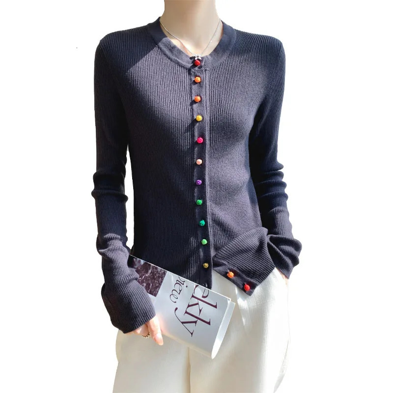 Womens 100% Merino Wool Sweater Round Collar Colorful Buckles Slim Fit Cardigan Autumn Winter Warm Jacket Casual Knit Basic Top 240712