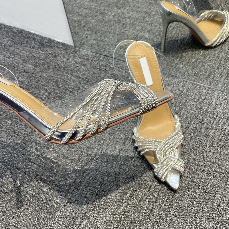 High heeled sandals for women in spring and summer, PVC transparent rhinestone thin women's high-heeled shoes for women