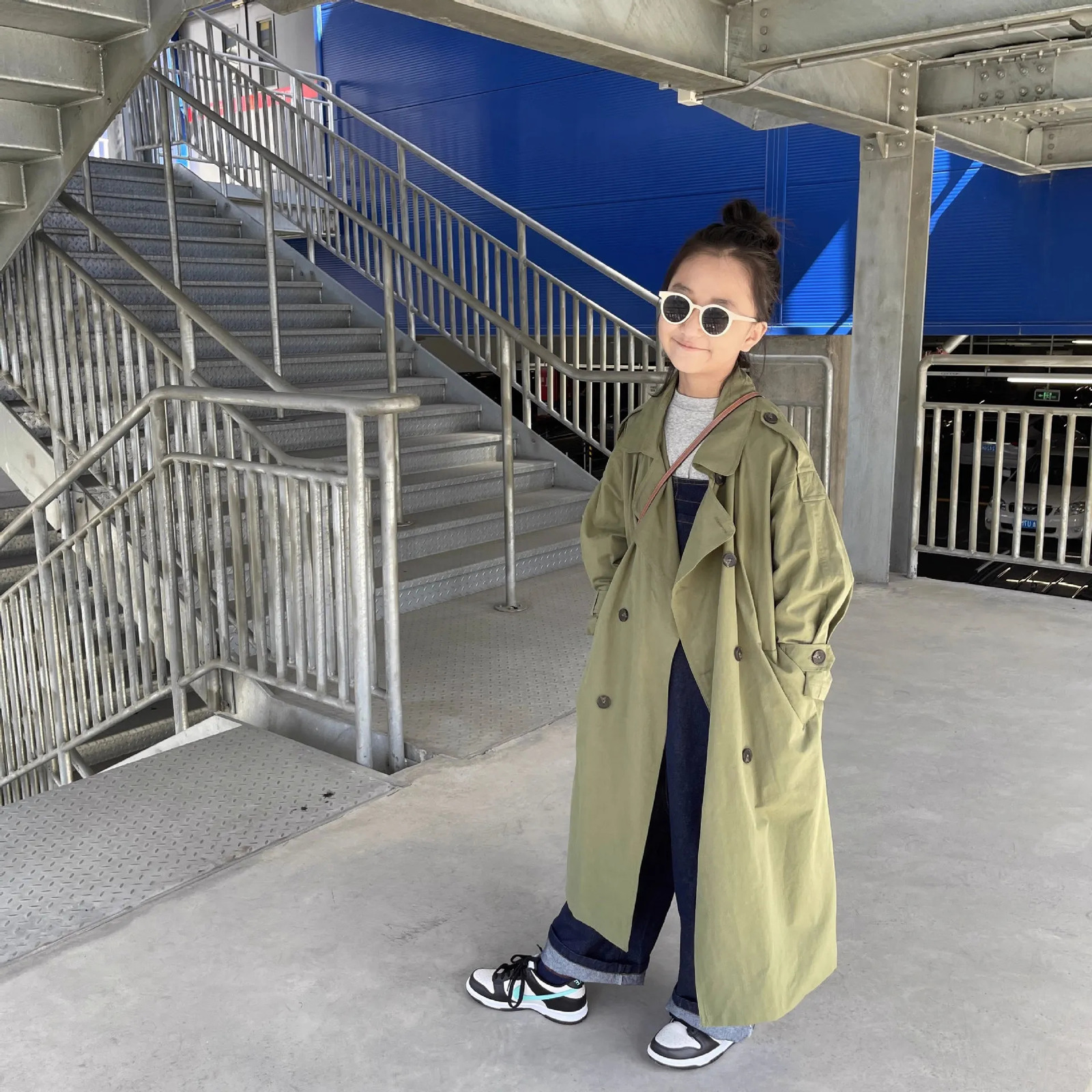 Children Clothing Girl Fashion Trench Coat Spring Autumn Korean Style Green Coat Cotton Casual Simple Long Kids Trench Coat 240713