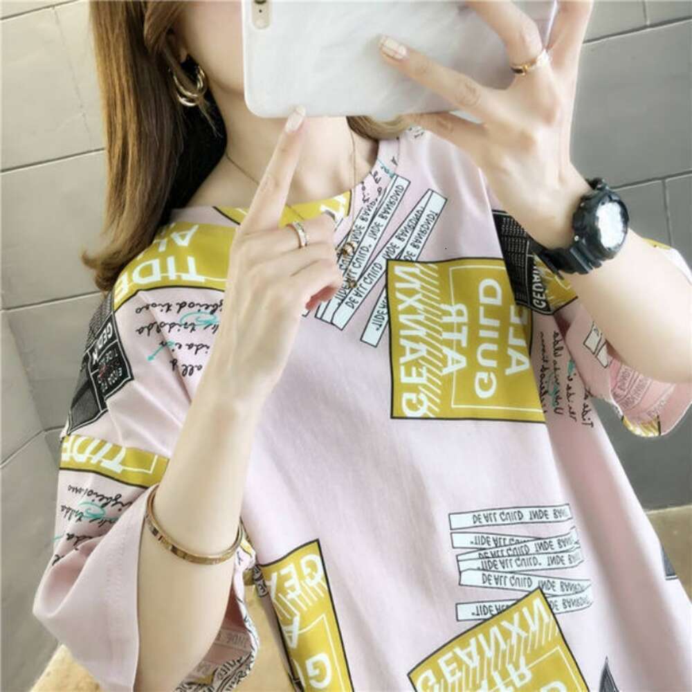 2024 Summer Women's Fashion Loose Slim Letter Printing Simple and Casual Western Style Versatile Mid length Round Neck Short Sleeve T-shirt