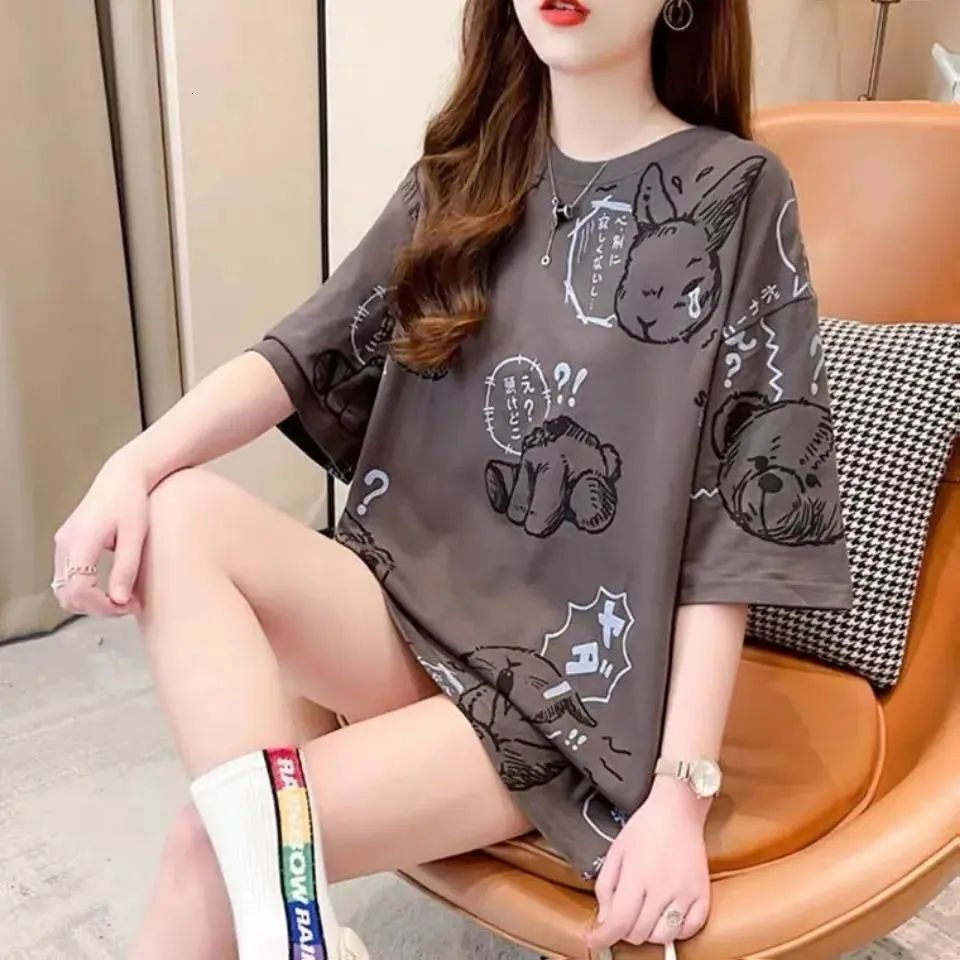 Women's T-shirt Plus Size Loose Medium Length Short Sleeve