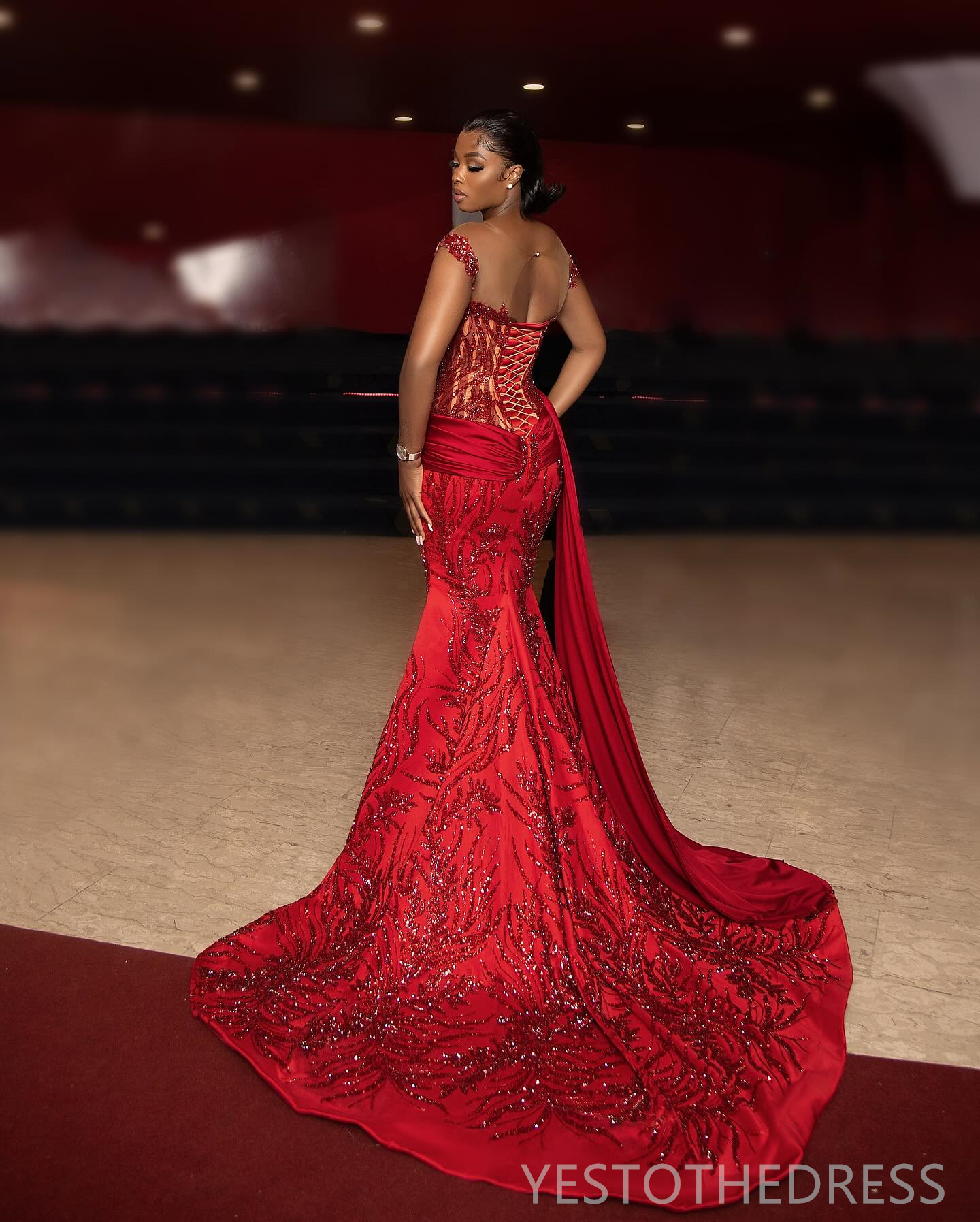 2024 Aso Ebi Red Prom Dresses For Special Occasions Mermaid Promdress Evening Formal Dresses Beaded Lace Illusion Short Sleeves Second Reception Gowns