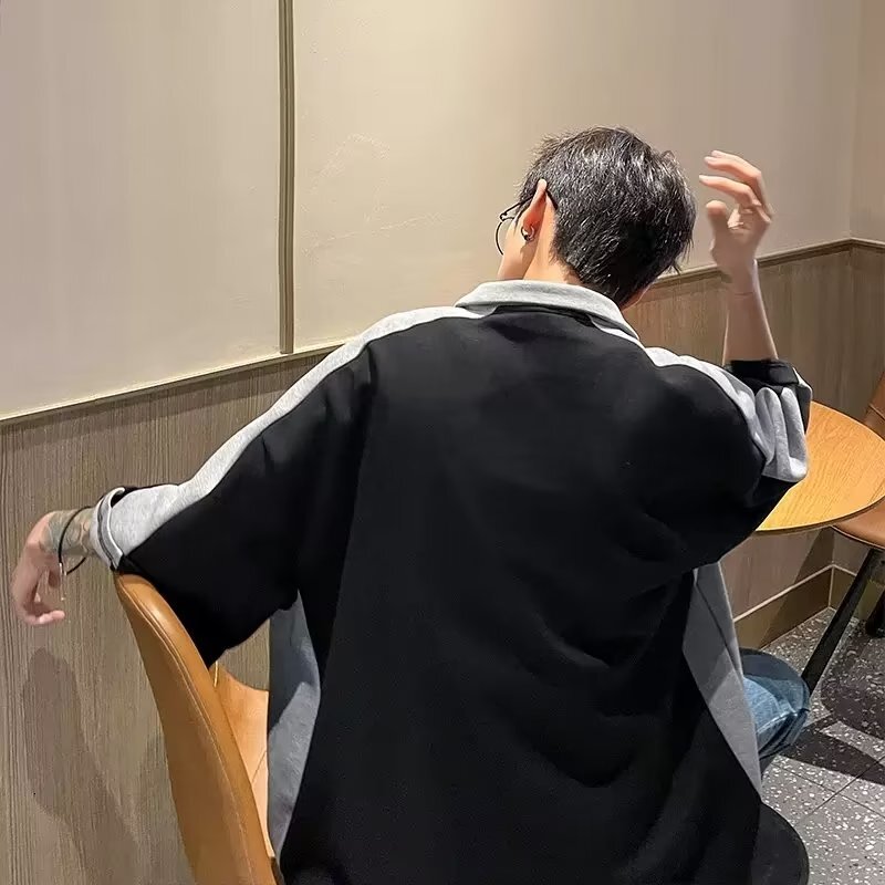 Academy style Polo shirt for men's summer trend, contrasting color top, loose large casual half zippered short sleeved T-shirt