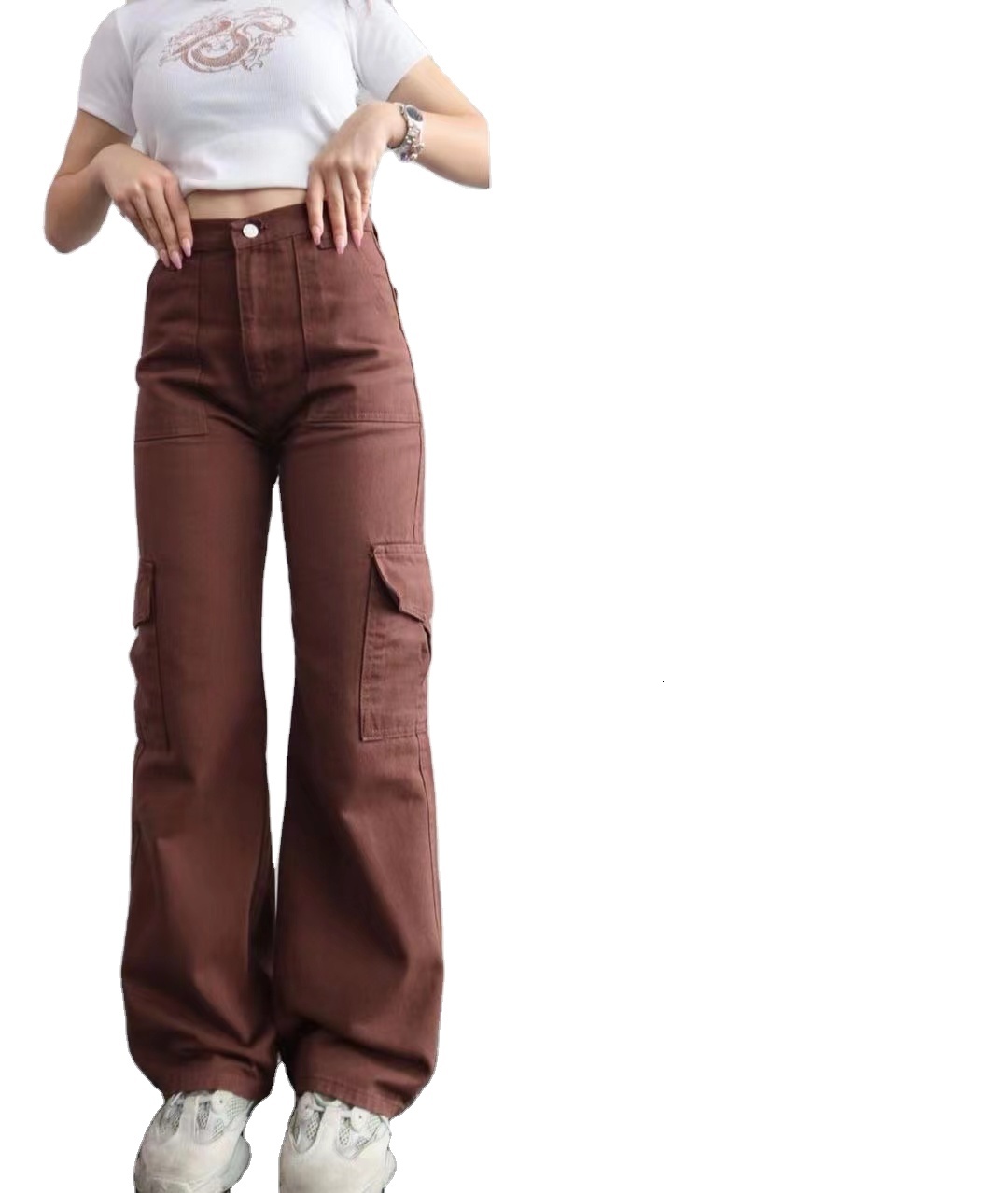 New High Waist Slim Women Denim cargo Custom cotton made Jean Pants Designer Women's baggy solid color dyed