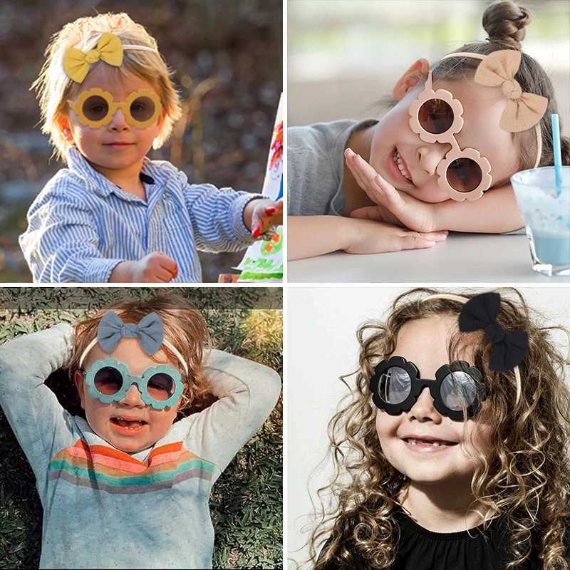 Sunglasses 2Pcs/Set Boys Girls Fashion Square Edged Sunflower Sunglasses UV400 Colors Cute Soft Bowknot Headbands Set Kids Hair Accessories