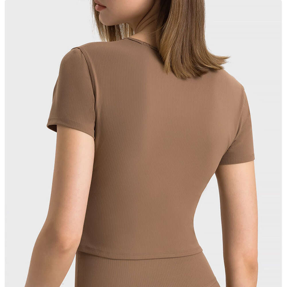 2025--Ribbed Women Fitness Sports Top Yoga Outfits Short Sleeve Gym Clothing Quick Dry Run Train Slim Shirts Casual V-Neck Workout T-Shirts