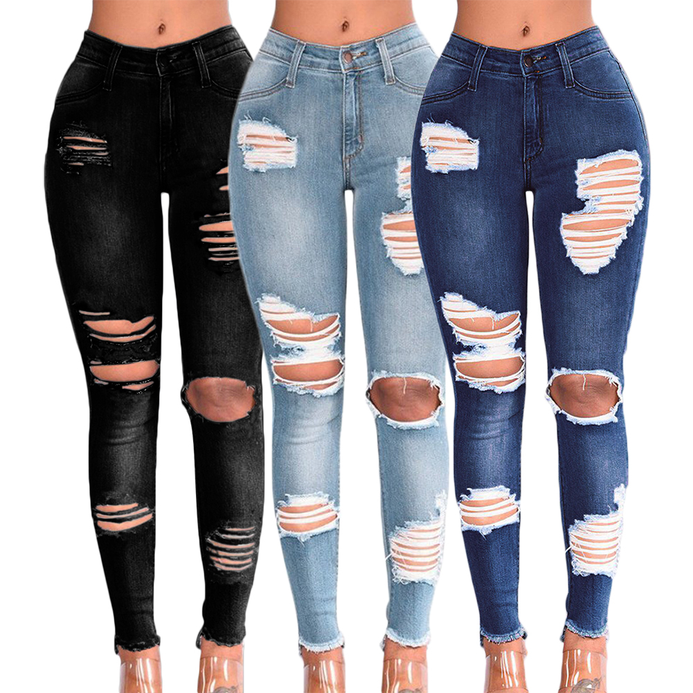Quality Women's Denim Hole Skinny Stretchy Pencil Plus Size Jean Pants High Waist Jeans For Women