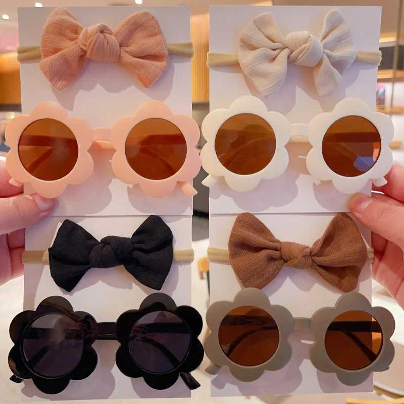 Sunglasses 2 Pcs/Set New Children Fashion Round Flower UV400 Sunglasses Colors Lovely Soft Bowknot Headbands Set Kids Hair Accessories