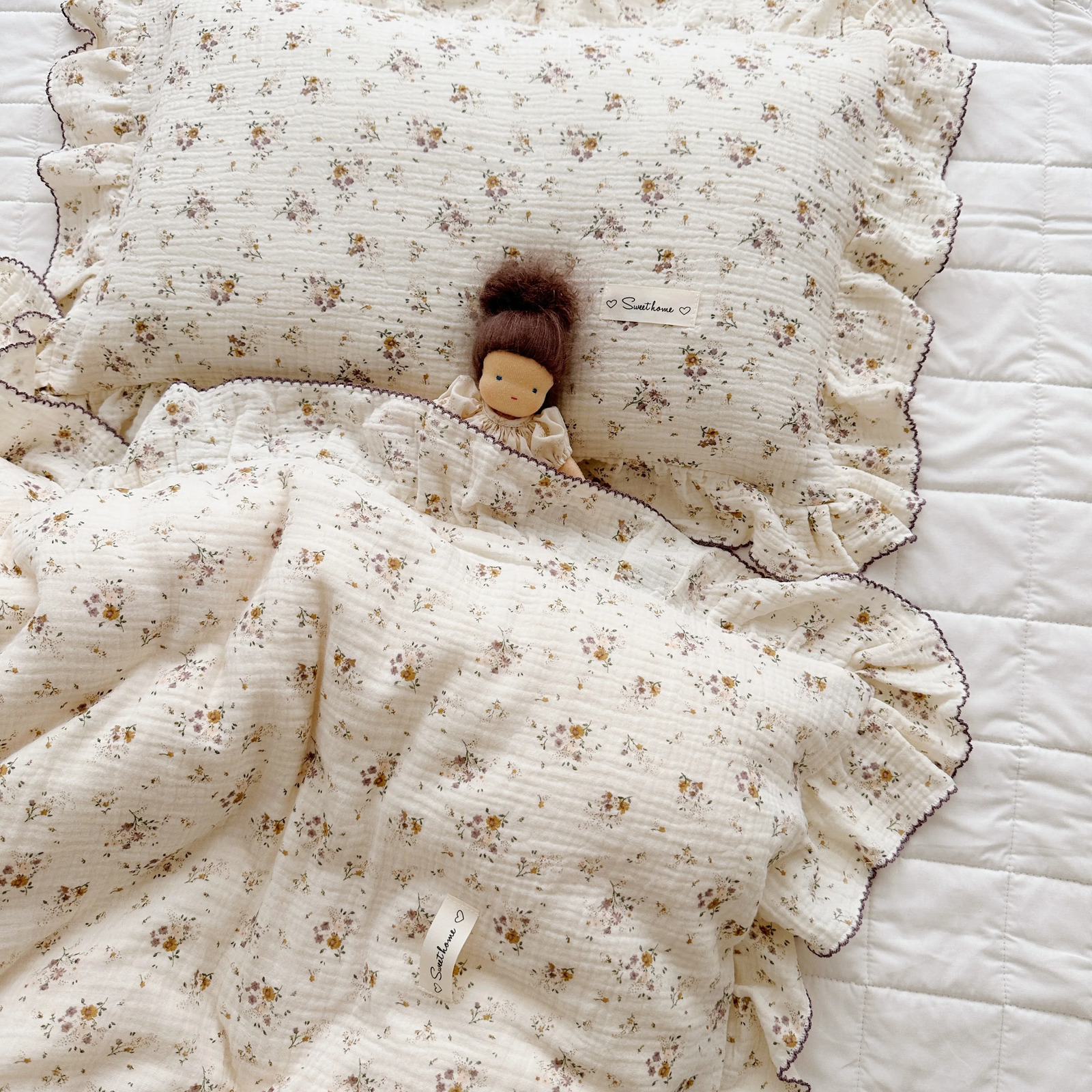 Vintage Floral Muslin Cotton Baby Crib Bedding Set Children Bed Linen Duvet Cover Pillowcase Without Filler 240703