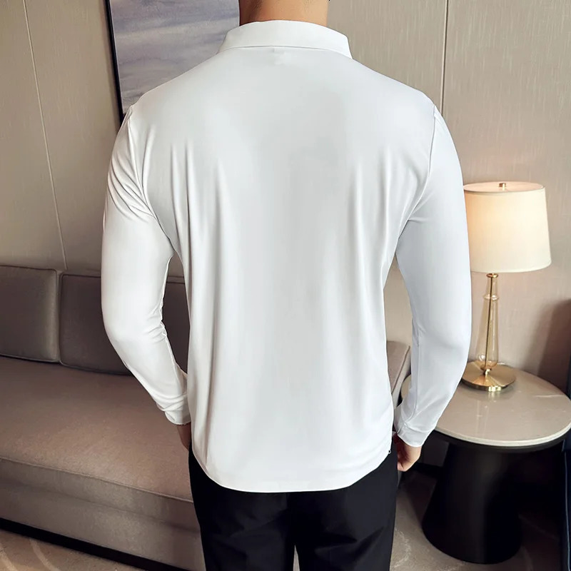 High Elasticity Men POLO Shirt Autumn Base Tops Ice Silk Fabric Solid Casual Long Sleeve POLO Shirt Casual Slim Fit T Shirt 240715